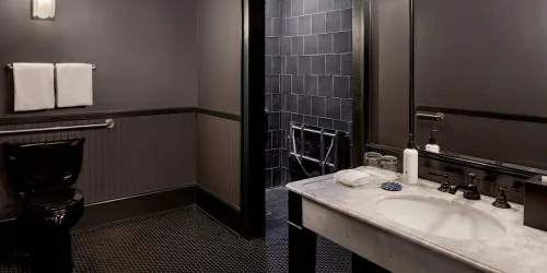 Professional shot of a dark, stylish hotel bathroom featuring a marble vanity and accessible shower stall