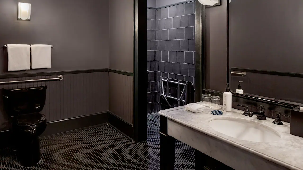 a bathroom with a toilet, sink, and mirror